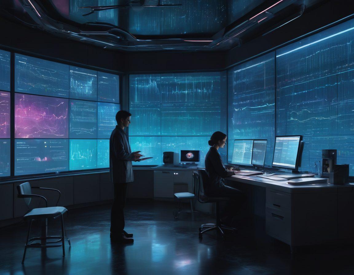 A melancholic laboratory filled with advanced technology, showcasing a holographic interface displaying voice waveforms and emotional data. A thoughtful scientist, with a gentle expression, is analyzing the synthesis of voice amidst dim lighting, surrounded by floating visual representations of sound and emotion. A soft rain pattern can be seen outside a large window, creating a reflective mood. cyberpunk. super-realistic. vibrant colors.