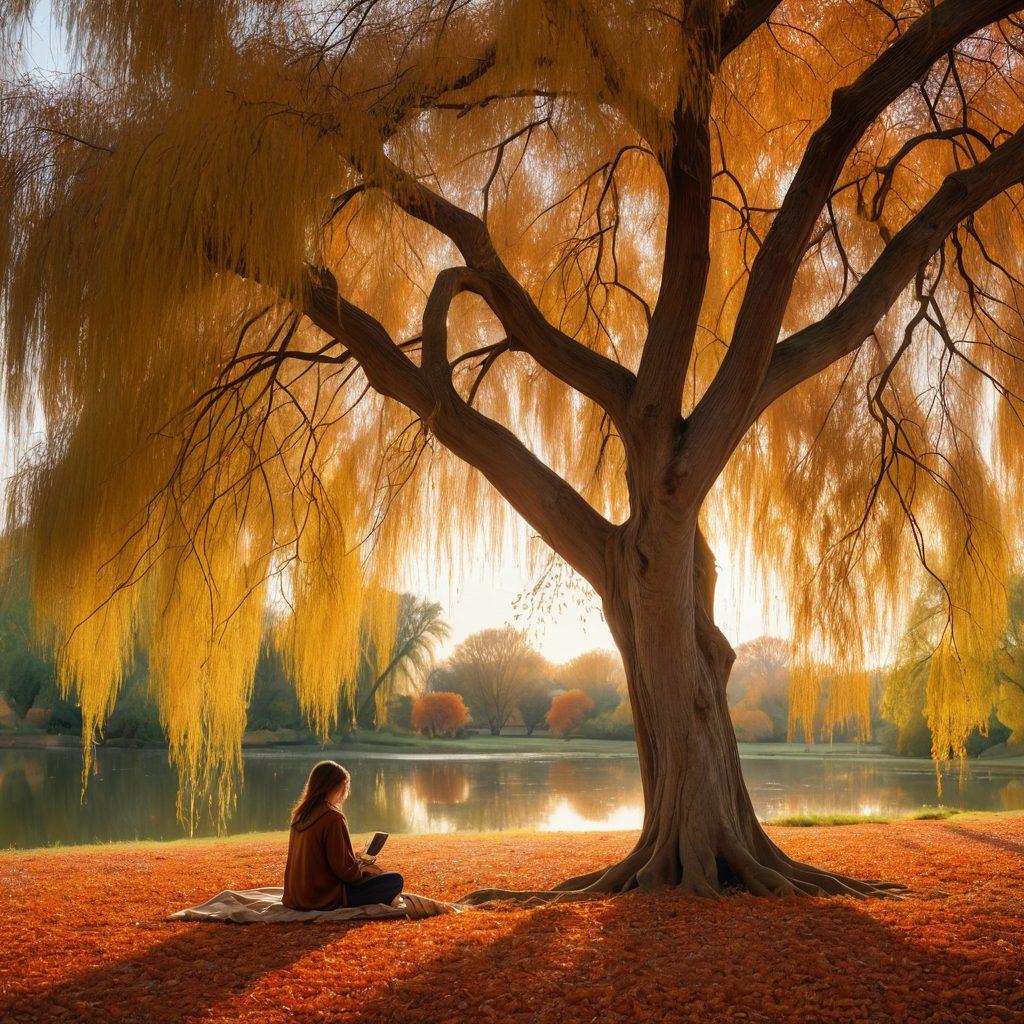 A serene landscape captured at dusk, featuring a solitary figure sitting under a willow tree, surrounded by fallen leaves, symbolizing reflection and nostalgia. A soft, glowing light illuminates the figure's face, portraying deep emotion and contemplation, suggesting the essence of voice and sound waves subtly flowing around them. Ethereal musical notes waft through the air, blending with the serene atmosphere. painting. vibrant colors.